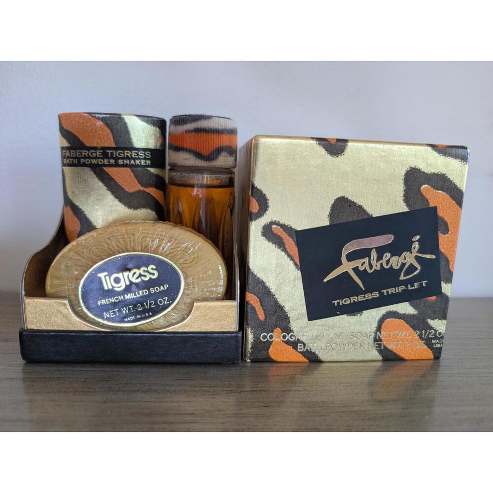 NEW Vintage Faberge Tigress Trip-Let Bath Powder Milled Bar Soap Cologne Box Set